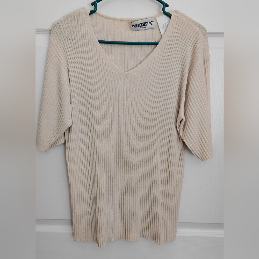White Stag Cream Ribbed V-Neck Short Sleeve SweaterTop